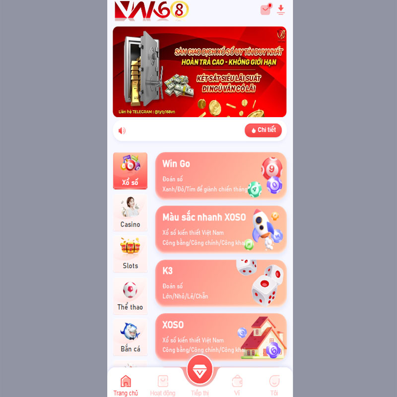 Giao diện app tại VN168 có thiết kế đơn giản, dễ sử dụng, đầy đủ tính năng
